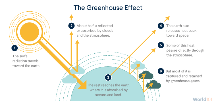 The greenhouse effect. First the sun's radiation travels toward the earth. About half is reflected or absorbed by clouds and the armosphere. The rest reaches the earth, where it is absorbed by oceans and land. Then the earth also releases heat back toward space. Some of this heat passes directly through the atmosphere. But most of it is captured and retained by greenhouse gases.